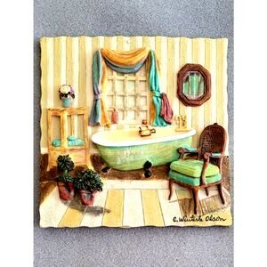 C WINTERLE OLSON Signed 3D Wall Art Tile Bathtub/Bathroom scene --5.5" X 5.5"